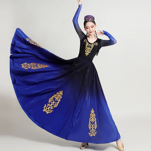 Xinjiang dance Dress for women royal blue gradient color chinese folk practice clothes Uighur minority performance costumes for women